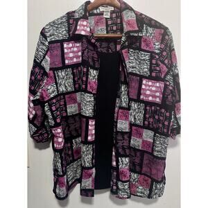 Notations Women's Blouse Size 2X Pink/Black Short Sleeve Button Up Lagenlook